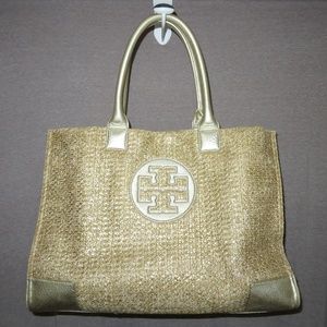 TORY BURCH Gold Metallic CROCHET STRAW ELLA TOTE